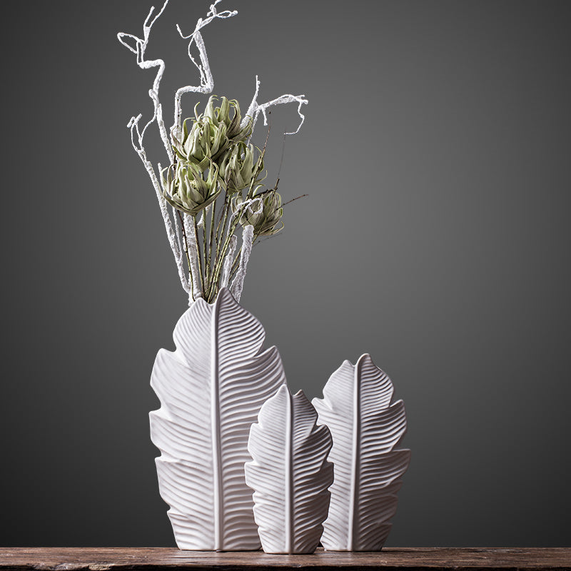 White Ceramic Leaf Sculpture Vase Set