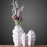 White Ceramic Leaf Sculpture Vase Set