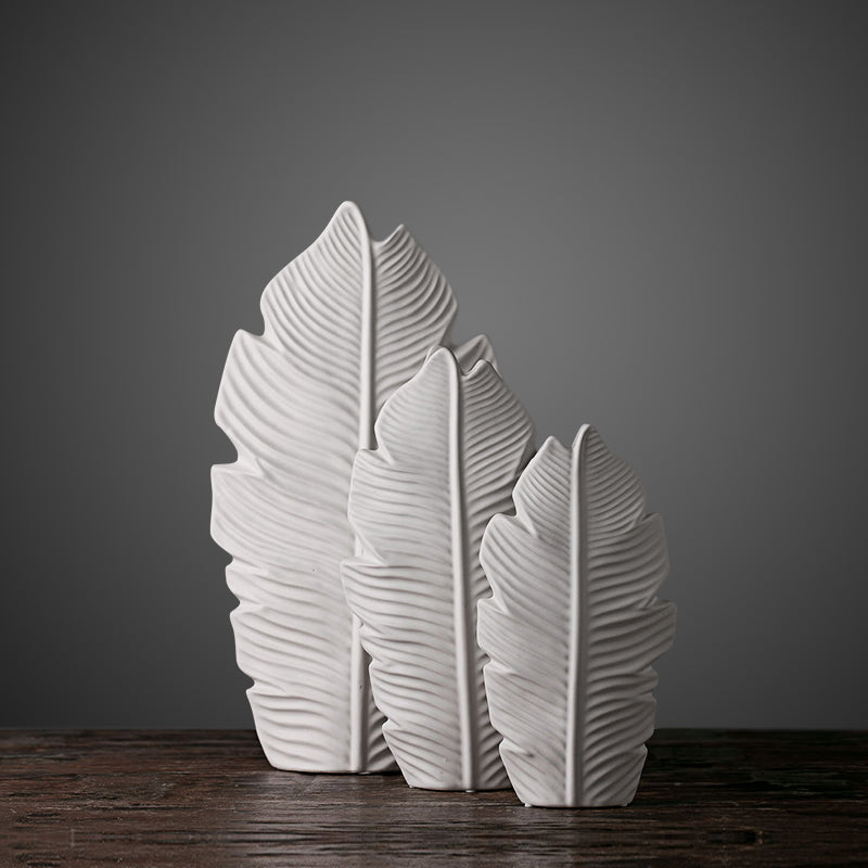 White Ceramic Leaf Sculpture Vase Set